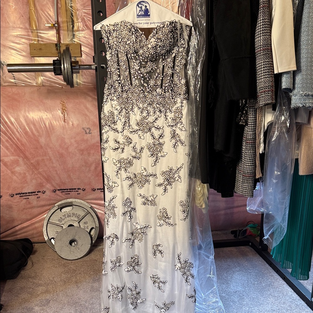 Embroidered Ivory Strapless Evening Gown